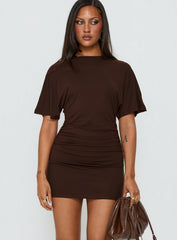 Hunni Ruched Shirt Mini Dress Brown