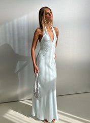 Strawberry Clouds Hotstone Satin Maxi Dress Icy Blue