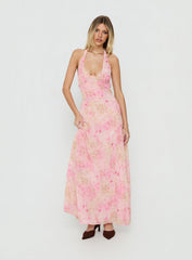 Dandelions Halter Maxi Dress Pink Floral
