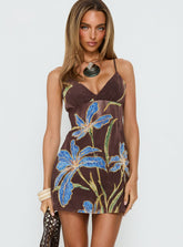 Isakaia Beaded Mini Dress Brown Floral