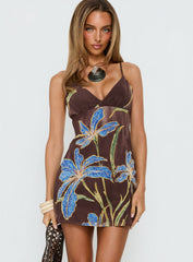Isakaia Beaded Mini Dress Brown Floral