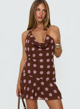 Karolie Halter Plunge Mini Dress Brown / Lilac Polka Dot