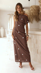 Aurra Off Shoulder Maxi Dress - Brown/White Polka