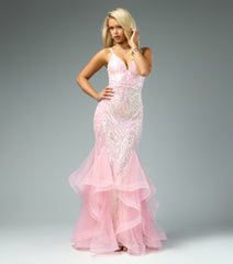 Sylvia Lace-Up Mermaid Tulle Ruffle Sequin Dress