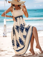 Smocked Printed Square Neck Maxi Dress