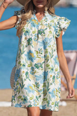 Floral Print V Neck Triple Ruffle Short Sleeve Shift Mini Dress