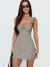 Zayliah Frill Detail Mini Dress Wine Check
