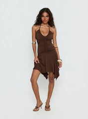 Angiana Halter Asymmetrical Mini Dress Chocolate Brown