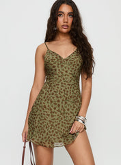Ailyn V-neck Mini Dress Green Leopard