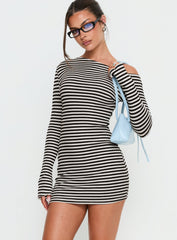 Journi Off Shoulder Long Sleeve Mini Dress Black / White Stripe