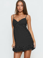 Casee V Neck Frill Mini Dress Black Polka Dot