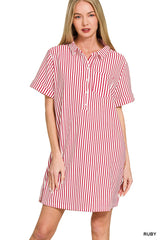 Zenana Stripe Collared Half Button Up T-Shirts Dress