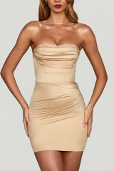 Satin Scalloped-Bandeau Ruched Mini Dress in Champagne