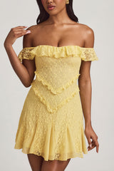 Off-Shoulder Lace A-Line Mini Dress in Pastel Yellow