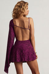 Devoré One-Sleeve A-Line Mini Dress in Berry Purple