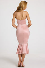 Satin Lace-Trim Bandeau Fluted Midaxi Dress in Blush Pink