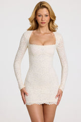 Scalloped-Lace Long-Sleeve Mini Dress in White