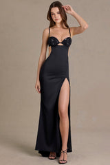 Satin Embellished Bralette Gown in Black