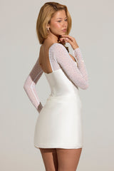 Embellished Long-Sleeve Draped Mini Dress in White