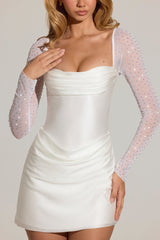 Embellished Long-Sleeve Draped Mini Dress in White