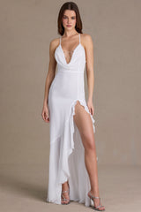 Chiffon Cowl-Neck Open-Back Gown in Snow