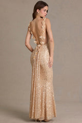 Embellished Open-Back Maxi Dress in Gold