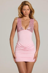 Embellished Deep Plunge Mini Dress in Blush Pink