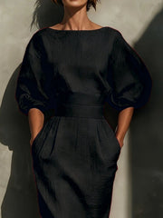 Round Neck Puff Sleeves Midi Dress