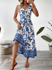 Floral Print Sleeveless V-neck Midi Dress