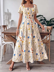 Floral Print Square Neck Casual Maxi Dress