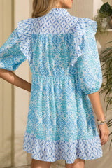 Floral Geometric Patchwork Ruffle Detail Puff Sleeve Mini Dress