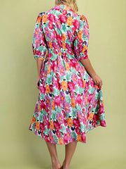 Vibrant Floral Print V Neck Zip Up Puffy Half Sleeve Dress