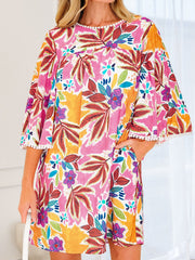 Floral Print Lace Trimmed Tie Back Bell Sleeve Swing Mini Dress