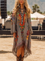 Fringe Hem Notched Long Sleeve Dress