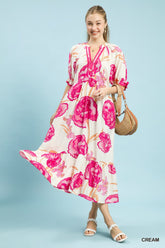 Umgee Floral Print Midi Dress with Contrast Trim