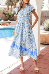Hydrangea Floral Print Ruffle Trim Flutter Sleeve Dress