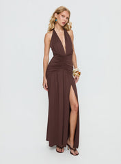 Diona Halter Ruched Maxi Dress Brown