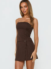 Mikena Strapless Belt Mini Dress Brown Pinstripe