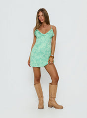 Delythena Frill Scoop Mini Dress Green Paisley