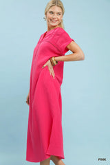 Umgee Button-Front Gauze Midi Dress with Lace Detail