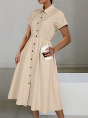 Button-Down Short Sleeve Midi Shirt Dress