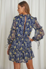 Beatrix High Neck Balloon Sleeve Dress Floral Midnight Blue