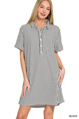 Zenana Stripe Collared Half Button Up T-Shirts Dress