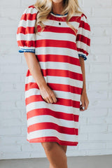 Striped Puff Sleeve Casual Mini Dress