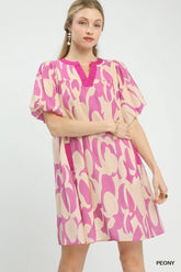 Umgee Abstract Print Puff Sleeve Shift Dress