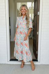 Lunch at the Museum Floral Midi Dress in Sky Blue