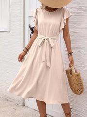 Ruffle Sleeve Tie Waist Midi Dress