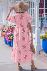 Notched Neck Flutter Short Sleeve Floral Print Dress