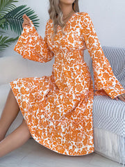 Floral Print Smocked Ruffle Hem Flared Sleeve Dress