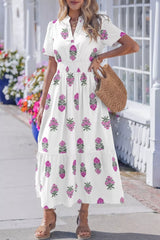 Floral Print Split Neck Shirred High Waist Ruffle Hem Midi Dress
